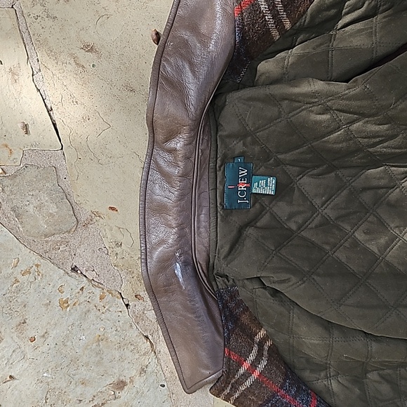 Vintage J CREW Men's Brown Wool Plaid lined chore coat jacket leather collar L - Picture 15 of 15
